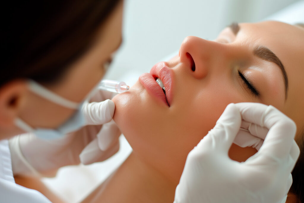 Beautiful young woman receiving hyaluronic acid cosmetic injection on her lips in a beauty salon › Hellenic Laser Spa Close-up view of Juvederm fillers being applied during a cosmetic treatment to rejuvenate skin and enhance a youthful appearance