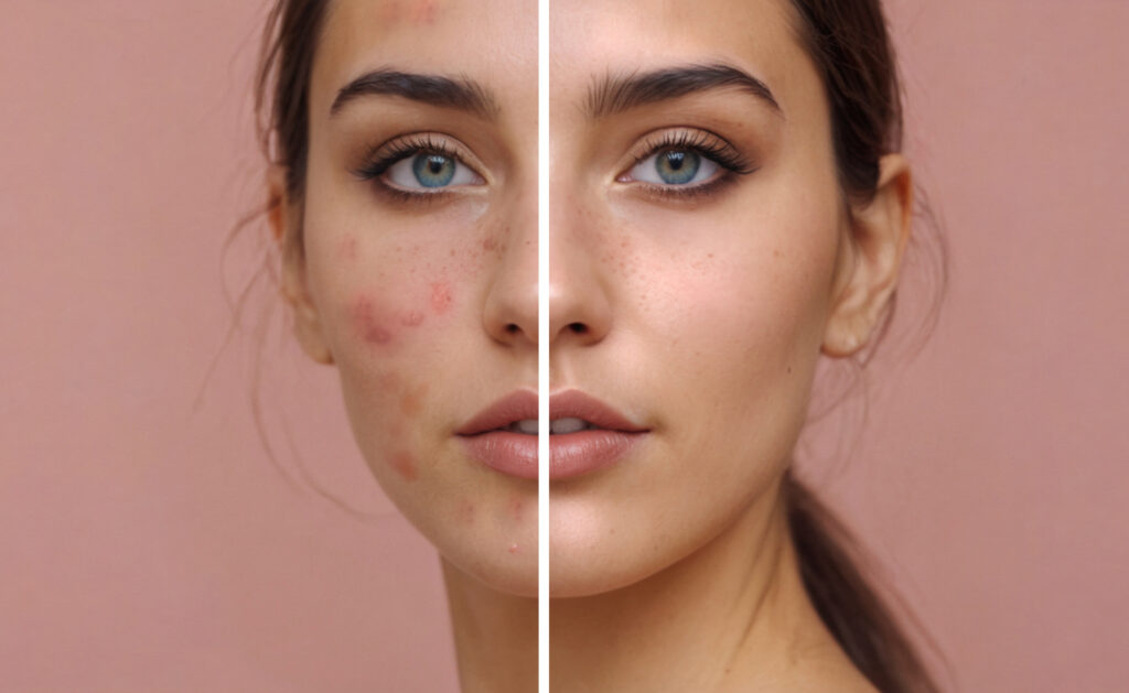 Before and after comparison of a woman’s skin showing improvement after acne treatment, with reduced breakouts and clearer complexion.